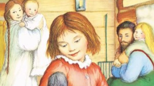 part of the book cover for Laura Ingalls Wilder's book Little House in the Big Woods. It features illustration of Laura, Ma & baby Carrie, Mary & Pa.